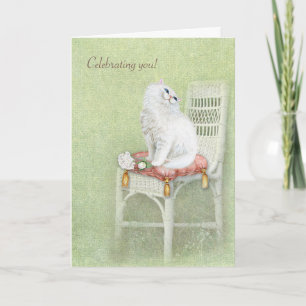 white birthday cat and roses on pillow card