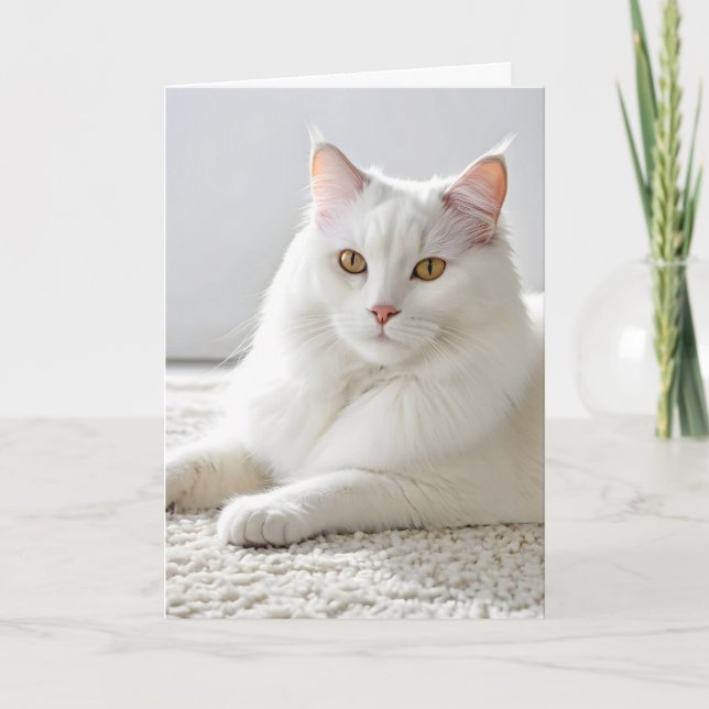 White Birthday Cat On White Carpet Card (Front)