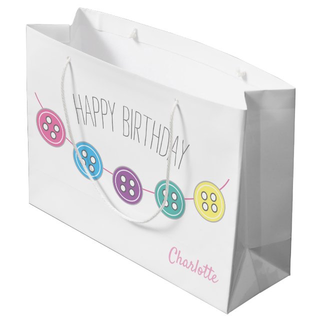 White birthday customizable sewing button large gift bag (Back Angled)