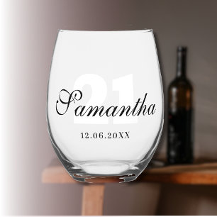 White Birthday Number Black Name Date Stemless Wine Glass