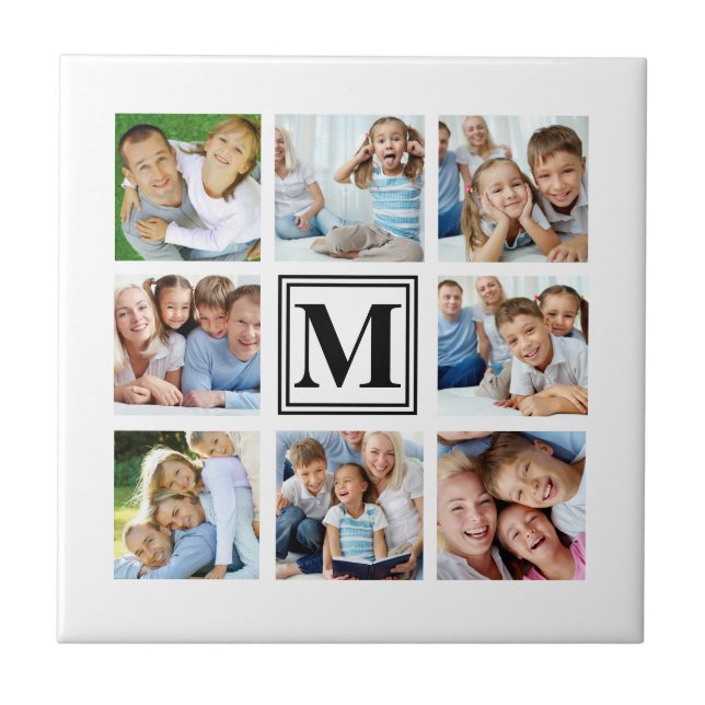 White Black 8 Family Photo Collage Monogram Ceramic Tile (Front)