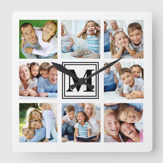 White Black 8 Photo Grid Family Collage Monogram Square Wall Clock (Front)
