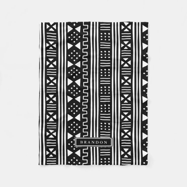 White|Black African MudCloth Inspired Personalised Fleece Blanket (Front)