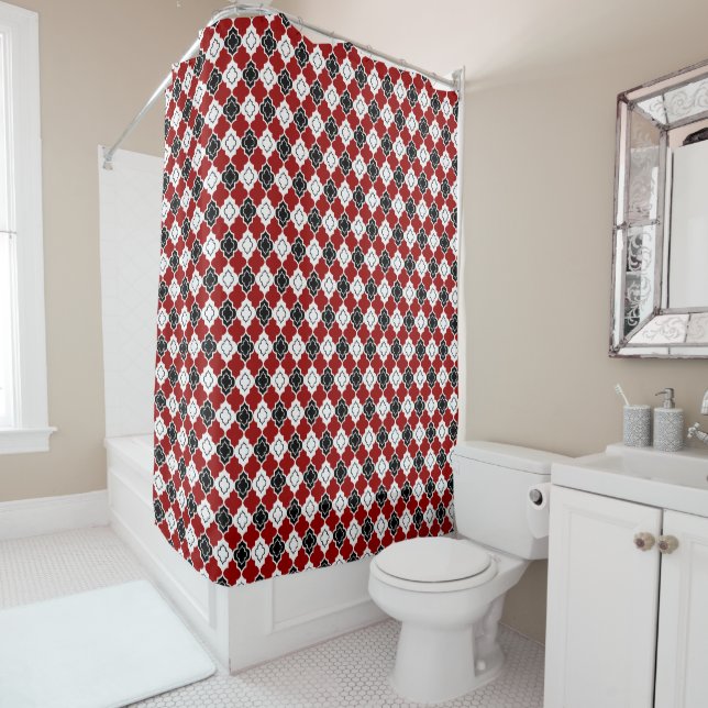 White, Black, and Deep Red Quatrefoil Pattern Shower Curtain (In Situ)
