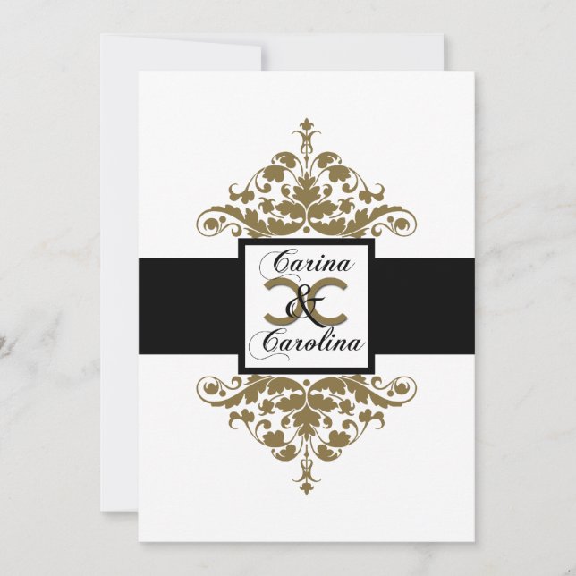 White Black and Gold Damask Sweet 16 Invitation (Front)