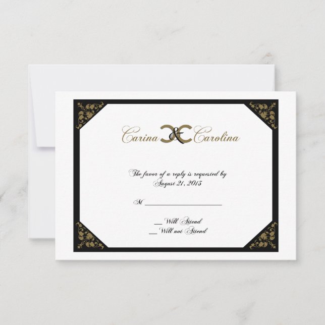 White Black and Gold Damask Sweet 16 Response Card (Front)