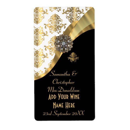 White, black and gold damask wedding wine bottle shipping label