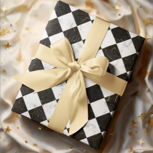 White Black and Gold Marble Chequerboard Wrapping Paper Sheet
