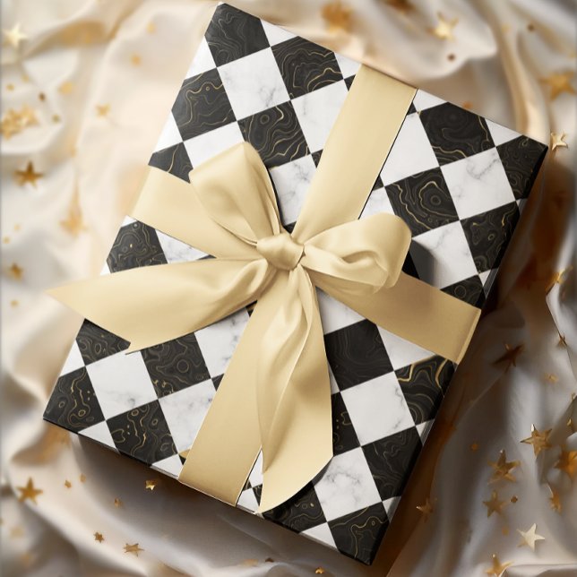 White Black and Gold Marble Chequerboard Wrapping Paper Sheet (White Black and Gold Marble Checkerboard Wrapping Paper Sheets)