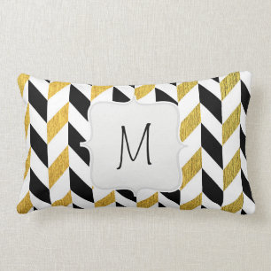 White, Black and Golden Chevron Pattern Lumbar Cushion