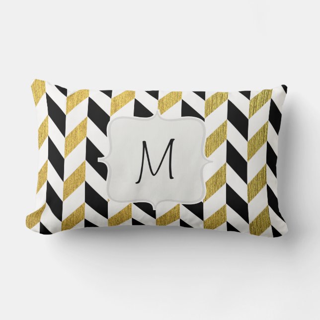 White, Black and Golden Chevron Pattern Lumbar Cushion (Front)