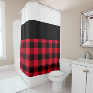 White Black and Red Buffalo Plaid Colour Block Shower Curtain