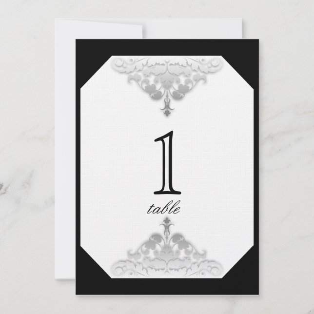 White Black and Silver Damask Table Number (Front)