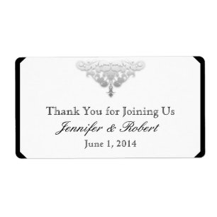 White Black and Silver Damask Water Bottle Label