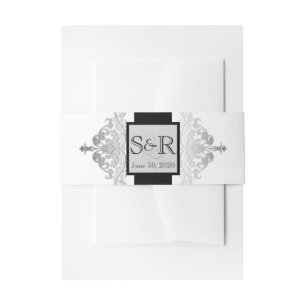 White Black and Silver Damask Wedding Belly Band Invitation Belly Band