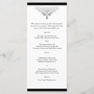 White Black and Silver Damask Wedding Menu