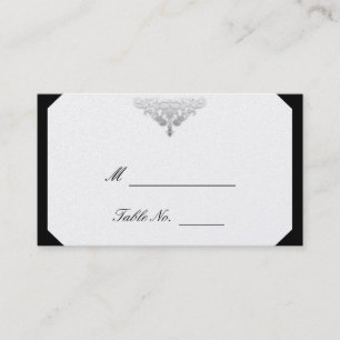 White Black and Silver Damask Wedding Place Cards