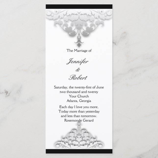 White Black and Silver Damask Wedding Program (Front)