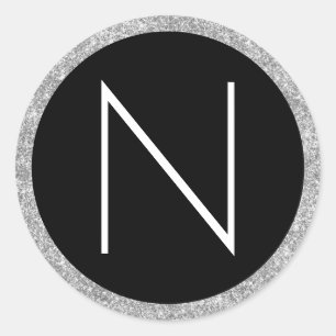 White Black and Silver Glitter Monogram Classic Round Sticker