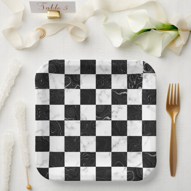 White Black and Silver Marble Chequerboard Paper Plate (Wedding)