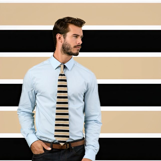 White, Black and Tan Horizontal Striped Tie (Man wearing necktie with tan, black and white striped tie. Background matches tie.)