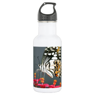 White Black and Yellow Butterfly on Pink Flowers 532 Ml Water Bottle