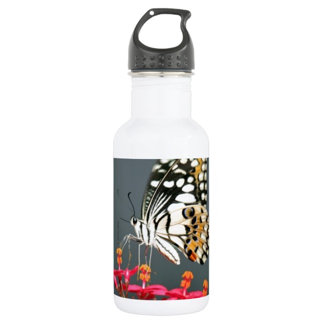 White Black and Yellow Butterfly on Pink Flowers 532 Ml Water Bottle (Front)