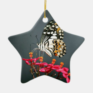 White Black and Yellow Butterfly on Pink Flowers Ceramic Tree Decoration