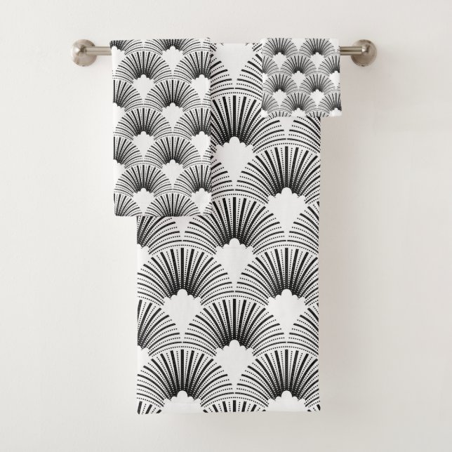 White & black Art Deco pattern Bath Towel Set (Insitu)