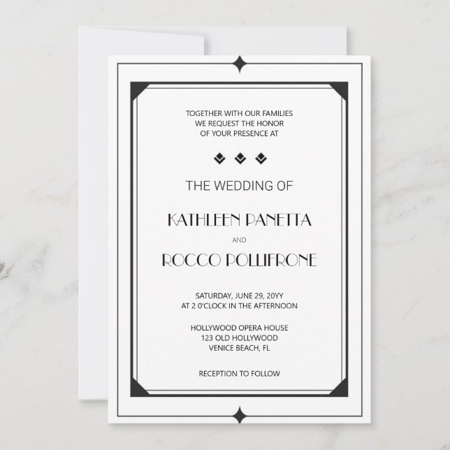 White Black Art Deco Wedding Invitation (Front)