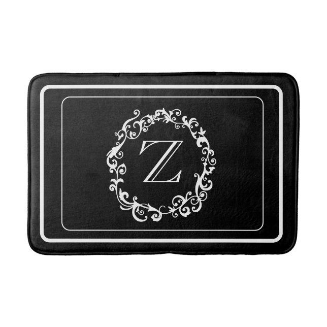 White Black Border Design Monogram Letter Bath Mat (Front)