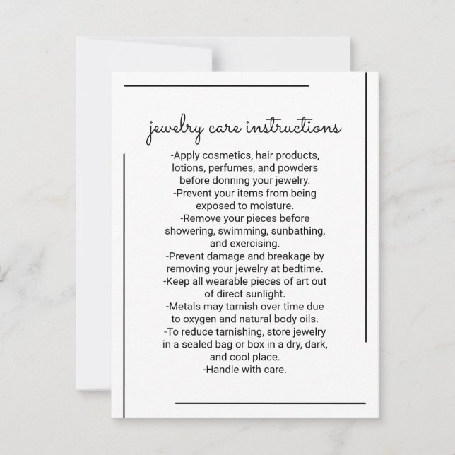 White Black Border Script Jewellery Care Instructi Card (Front)