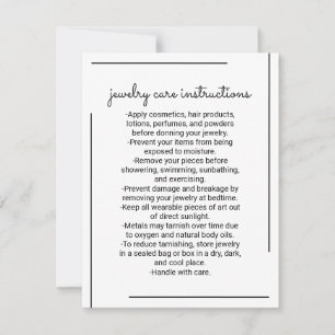 White Black Border Script Jewellery Care Instructi Card