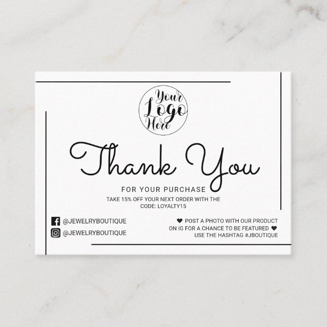 White Black Border Script Logo Customer Thank You Business Card (Front)