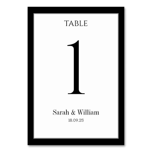White & Black Border Wedding Table Number Card (Front)