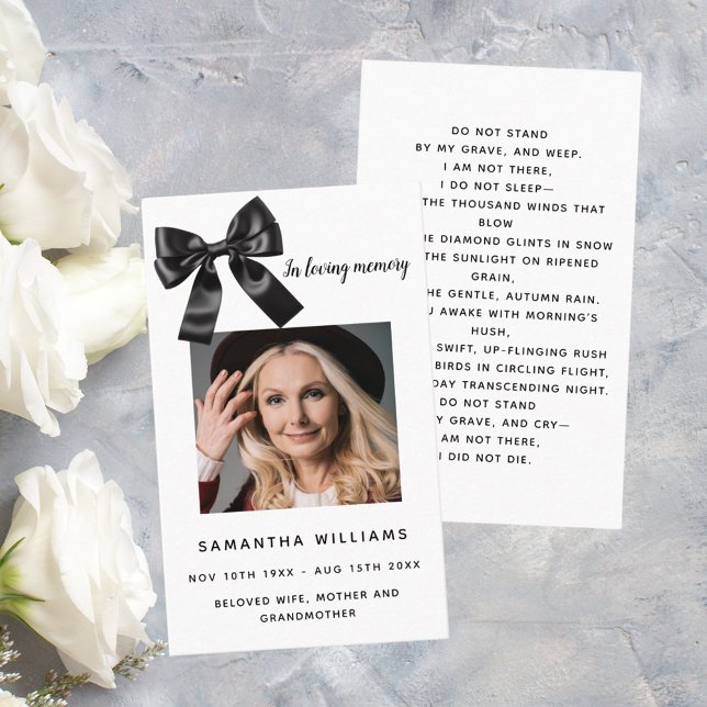White black bow photo funeral prayer card (Creator Uploaded)