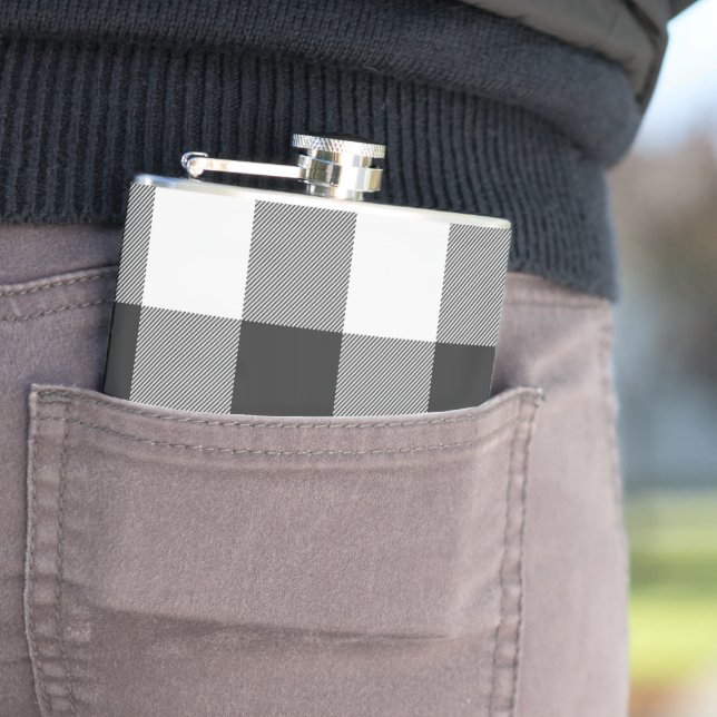 White Black Buffalo Check Plaid Pattern Hip Flask (In Situ)