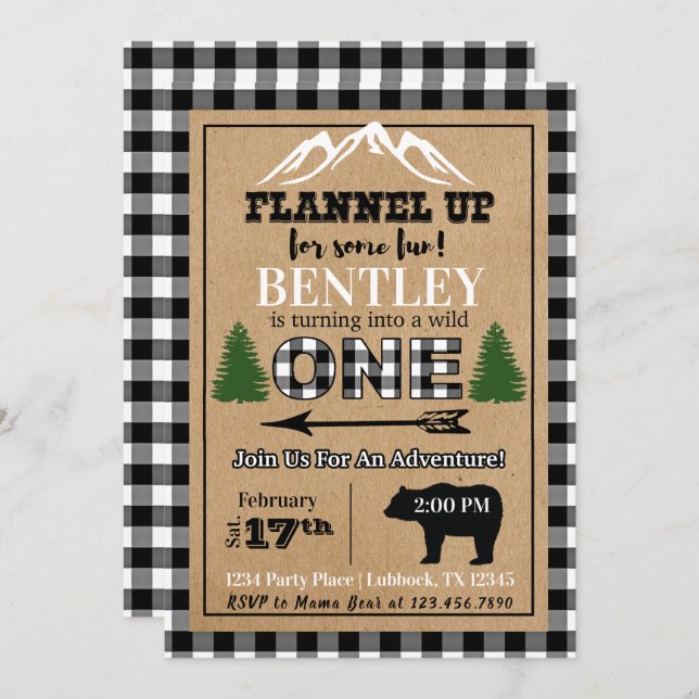 White Black Buffalo Plaid 1st Birthday Invitation (Front/Back)