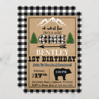 White Black Buffalo Plaid Birthday Invitation