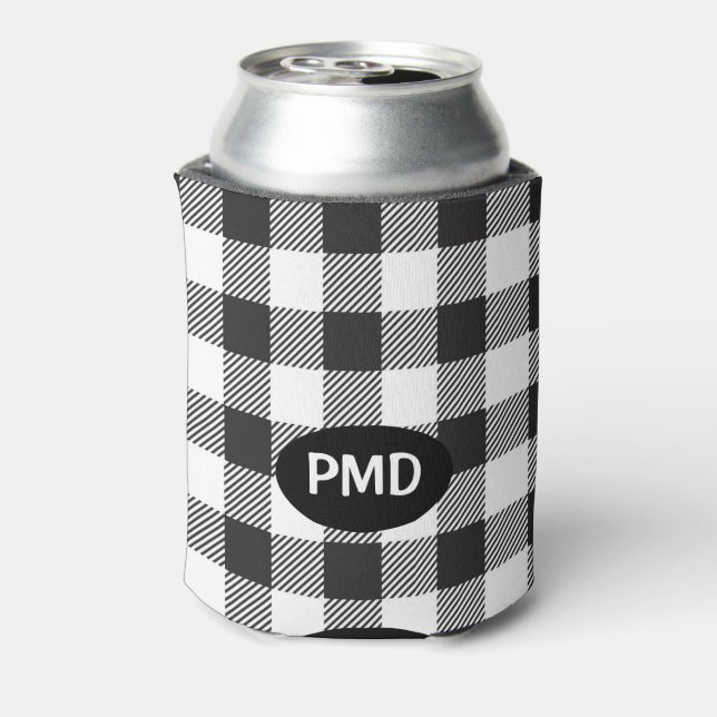 White Black Buffalo Plaid Monogram Initials Can Cooler (Can Back)