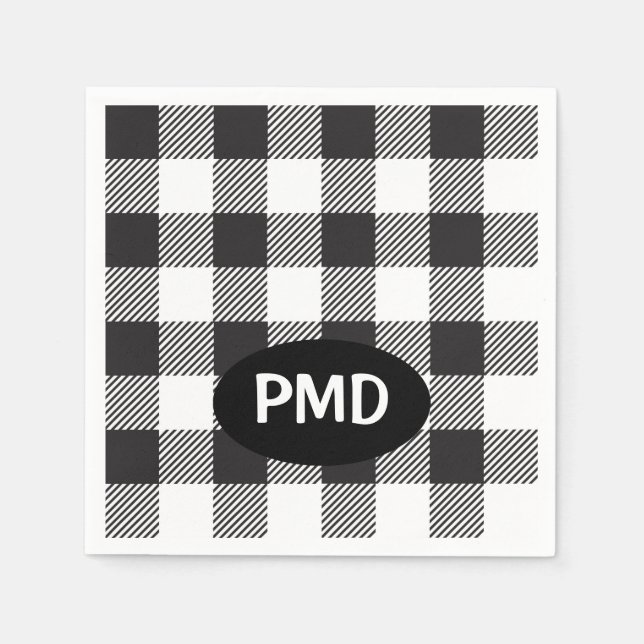 White Black Buffalo Plaid Monogram Initials Napkin (Front)
