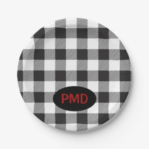 White Black Buffalo Plaid Monogram Initials Paper Plate