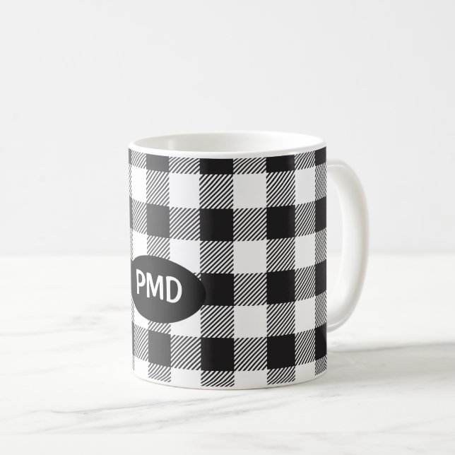 White Black Buffalo Plaid Monogram Personalised Coffee Mug (Front Right)