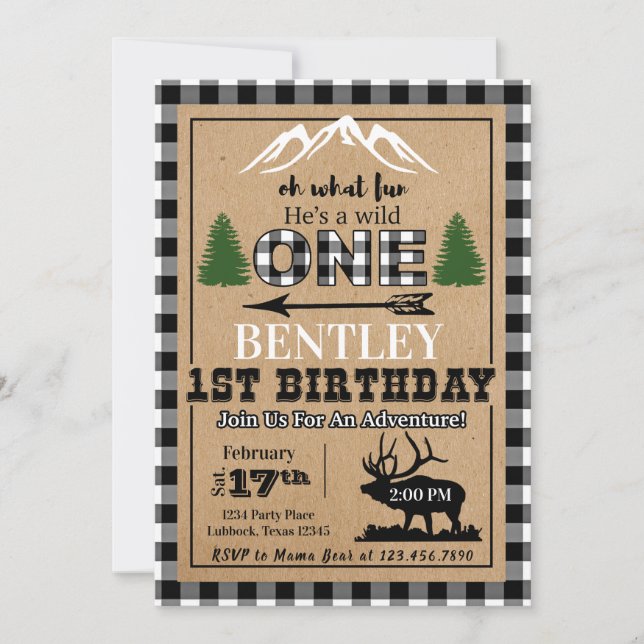 White Black Buffalo Plaid Moose Birthday Invitatio Invitation (Front)