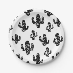 White black cactus seamless pattern paper plate