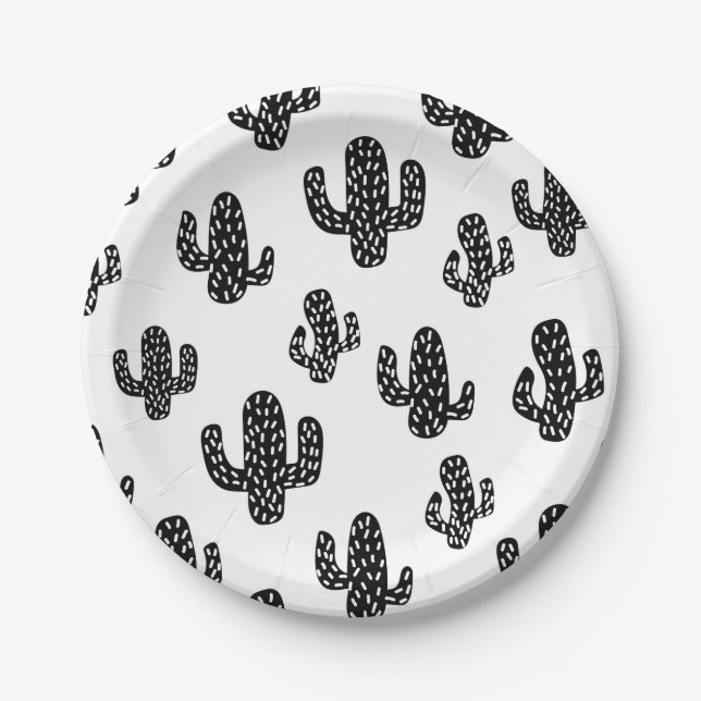 White black cactus seamless pattern paper plate (Front)