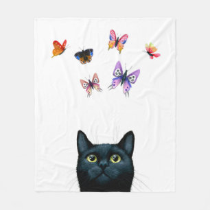 White black cat 606 butterflies fleece blanket