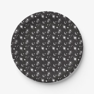 White black celestial sun moon galaxy pattern paper plate