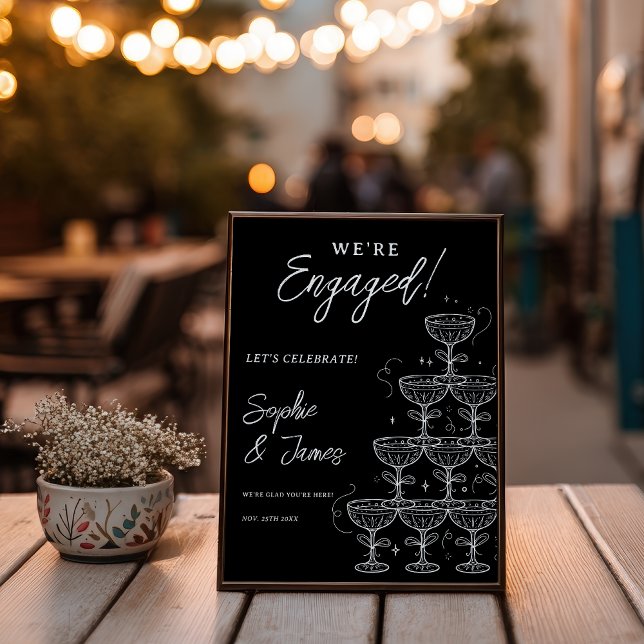 White Black Champagne Tower Engagement Welcome Poster (White Black Champagne Tower Photo Engagement Invitation)