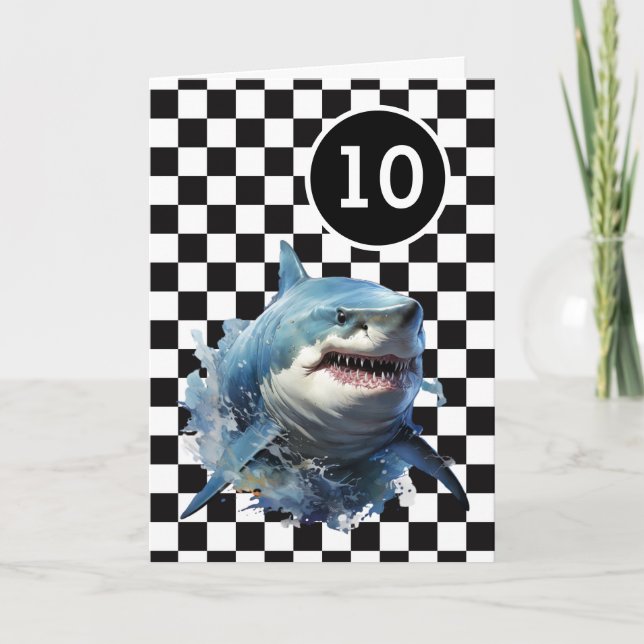 White Black Chequered Shark 10th Birthday Card (Front)